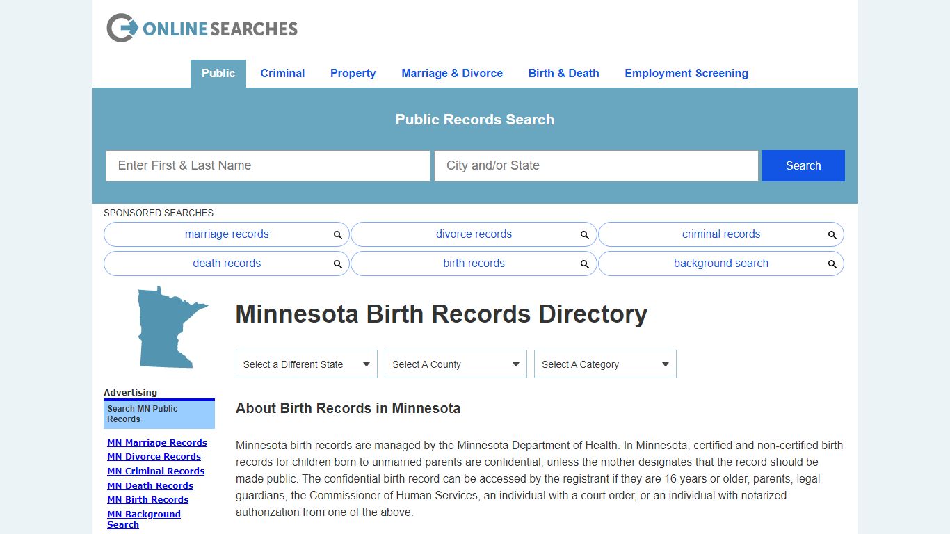 Minnesota Birth Records Search Directory - OnlineSearches.com