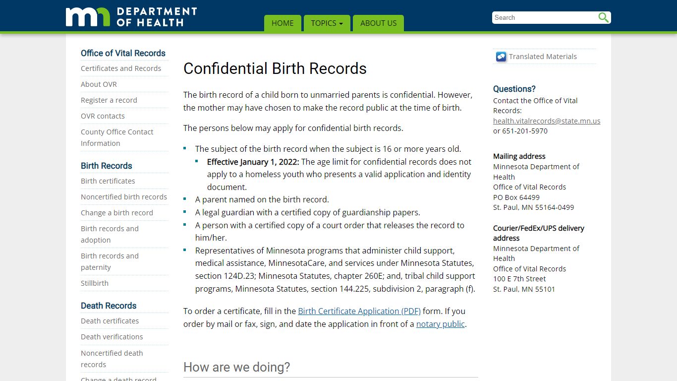 Confidential Birth Records - Minnesota Dept. of Health