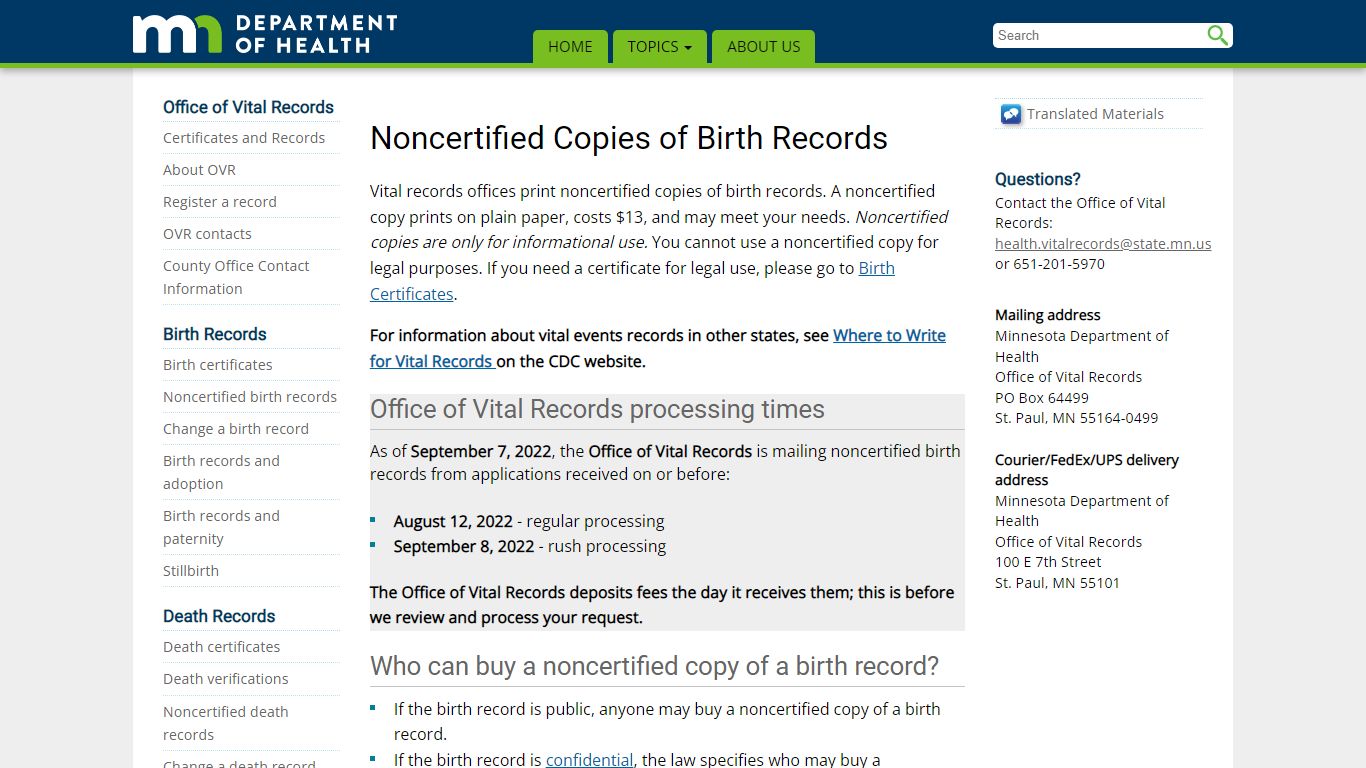 Noncertified Copies of Birth Records - Minnesota Dept. of Health